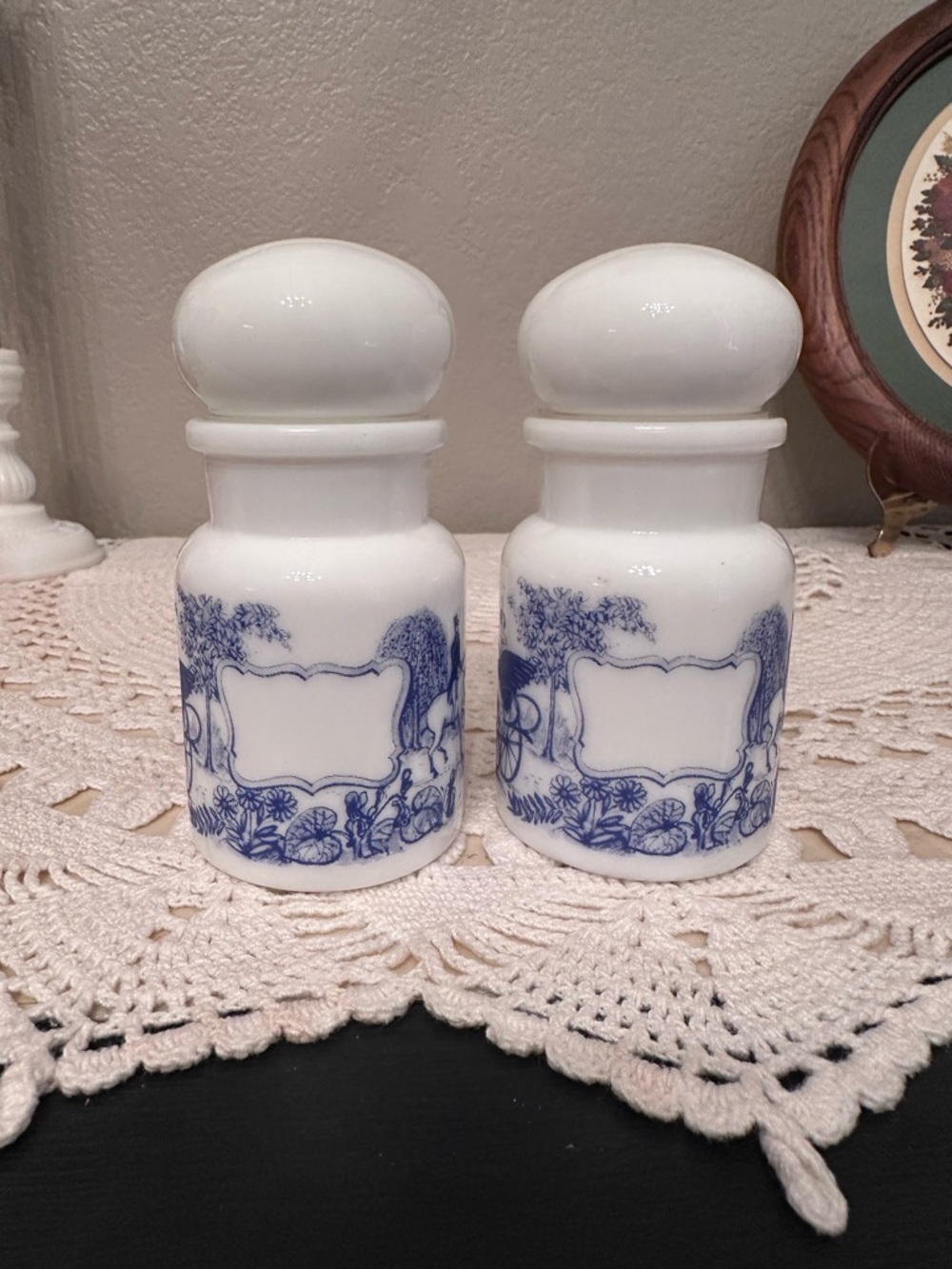 Milk glass Blue and White Apothecary Jars - Set of 2
